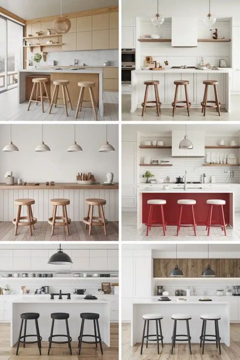 A collage of six modern kitchen designs featuring different color schemes and bar stool arrangements. Kitchen Island Chairs, Chairs For Kitchen Island, Kitchen Island Tops, Chairs For Kitchen, Island Chairs, Island Stools, Industrial Style Kitchen, White Kitchen Island, Saddle Stools