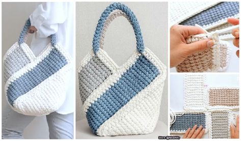 Tunisian Crochet Ten Stitch Handbag Free Crochet Pattern-Video Braided Stitch, Crocheted Purses, Crochet Waffle, Lidia Crochet Tricot, Stitch Jacket, Crochet Shell Stitch, Free Crochet Bag, Crochet Bag Tutorials, Hat Tutorial