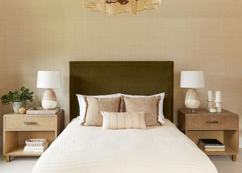 Raychel Wade Design on Instagram: “When it’s in the single digits outside (7° specifically) I want to take to the bed with a hot toddy. Who’s with me? Photo: @twilliamsphoto” Olive Green Headboard, Green Velvet Bed, Leather Nightstand, Green Headboard, Olive Green Velvet, Grid Wallpaper, Transitional Bedroom, Velvet Headboard, White Headboard