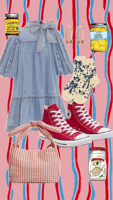 Casual outfit #casualoutfit #casualoutfitinspo #denimdress #denimstyle #denimaesthetic #redconverse #summeraesthetic #summer2024 #denimoutfit Denim Aesthetic, Red Converse, Summer Sewing, New Wardrobe, Denim Outfit, Looks Vintage, Girly Girl, Summer Aesthetic, Casual Outfit