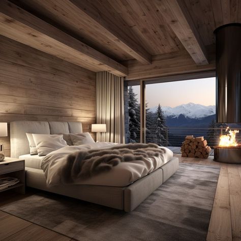 Cabin Rooms Bedrooms, Winter Cabin Mansion, Modern Winter Cabin, Mountain Retreat Bedroom, Modern Mountain Bedroom, Swiss Interior Design, Mountain Home Bedroom, Mountain Bedroom, Christmas Hello Kitty