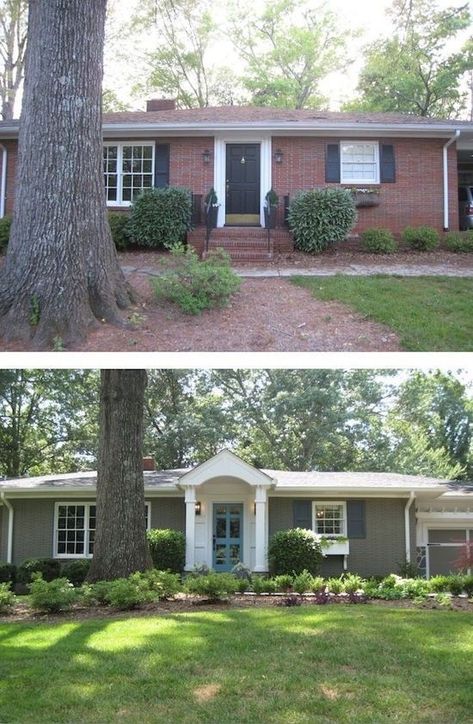 Curb Appeal On A Budget Ranch Home, Before And After Ranch House Exterior, Ranch House Remodel Exterior Curb Appeal, Adding Curb Appeal To A Flat House, Ranch Curb Appeal, Exterior Remodel Before And After, Painted Brick Ranch, Brick House Exterior Makeover, Brick Ranch Houses