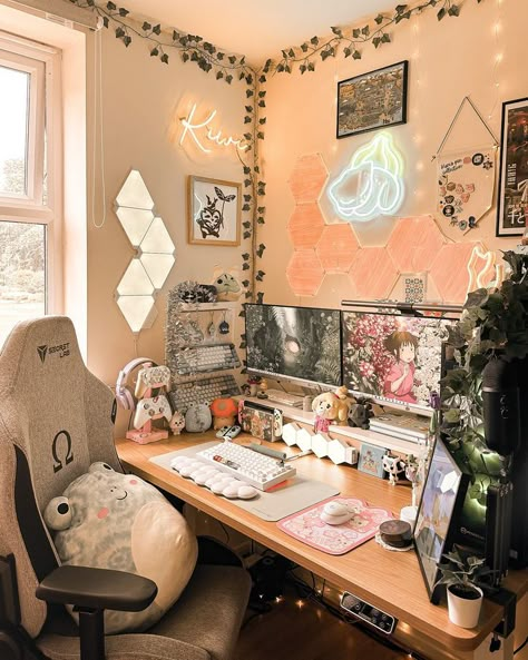 | cozy gamer | pc build | pc setup | desk accessories | desk goals | pc gamer | pc gaming | setup | deskgram | stardew | Aesthetic Room Decor Brown, Cozy Gamer Bedroom, Cozy Gaming Setup, Games Room Inspiration, Cozy Gamer, Gaming Area, Bedroom Seating Area, Cozy Desk, Desk Setups