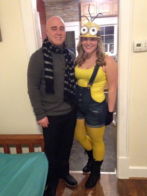 Gru Costume Men, Gru And Minion Costume Couple, Toddler Minion Costume Diy, Gru Minion Costume, Minions Couple Costume, Minions Diy Costume, Minion Costumes Diy Women, Minion Couple Costume, Adult Minion Costume Diy