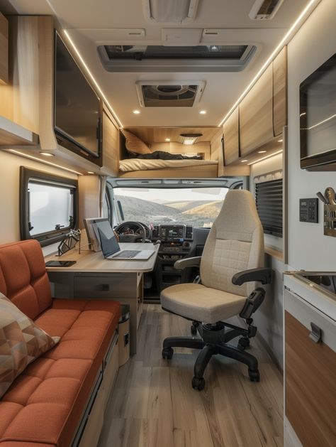 47 Remote Working RV Setup Inspo – TastyInteriors Small Van Build Ideas, Office Van, Rv Office, Van Office, Small Camper Interior, Rv Interior Design, Travel Vans, Motorhome Interior, Rv Interior Remodel