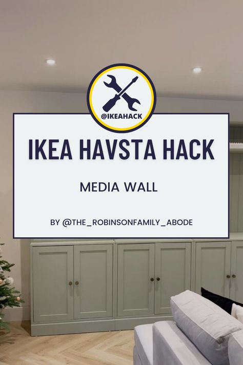 Ikea Wall Storage Living Room, Media Wall Hack, Ikea Havsta Media Wall, Ikea Before And After, Built In Media Wall Ikea Hack, Ikea Hacks Media Wall, Ikea Hack Havsta, Havsta Hack Ikea, Ikea Entertainment Center Ideas