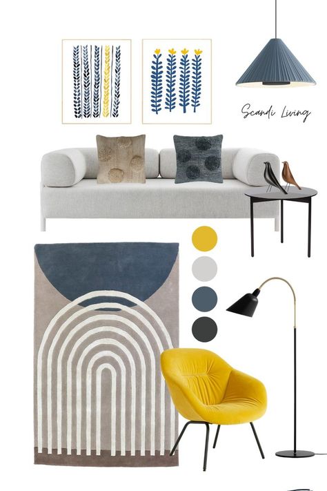 Living Room Yellow Accents, Blue And Yellow Living Room, Interior Design Yellow, Grey And Yellow Living Room, Scandi Interior Design, Living Room Mood Board, Yellow Accent Chairs, Scandi Living Room, Room Mood Board