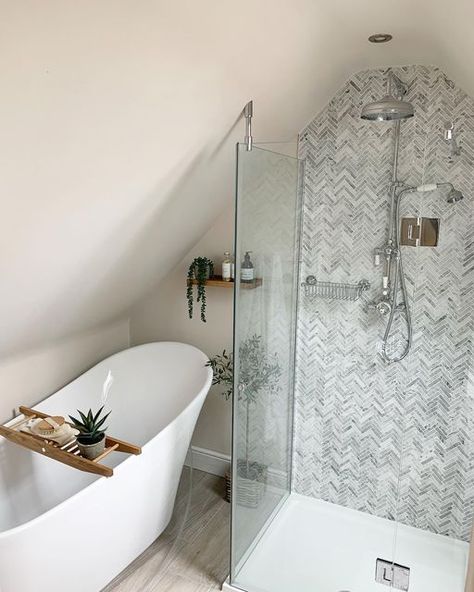 Small Bathroom With Window In Shower Ideas, Freestanding Bath And Shower Cubicle, Tub Shower Combo Sloped Ceiling, Bath And Shower Separate Small Bathroom, Small Dormer Bathroom Ideas, Shower Next To Window, Shower Cubicle Ideas, Bath Under Window, Slanted Ceiling Bathroom