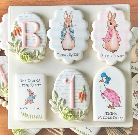 Beatrix Potter Cookies, Peter Rabbit Baby Shower Cookies, Beatrix Potter Party, Peter Rabbit Cookies, Beatrix Potter Birthday, First Birthday Cookies, Rabbit Cookies, Rabbit Birthday, Bunny Baby Shower