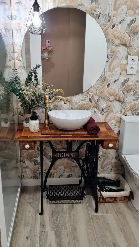 Rustic Glam Bathroom, Antique Sewing Machine Table, Glam Bathroom, Shed Decor, Small Bathroom Interior, A Frame House, Steel Furniture, Bathroom Wallpaper, Pallet Furniture