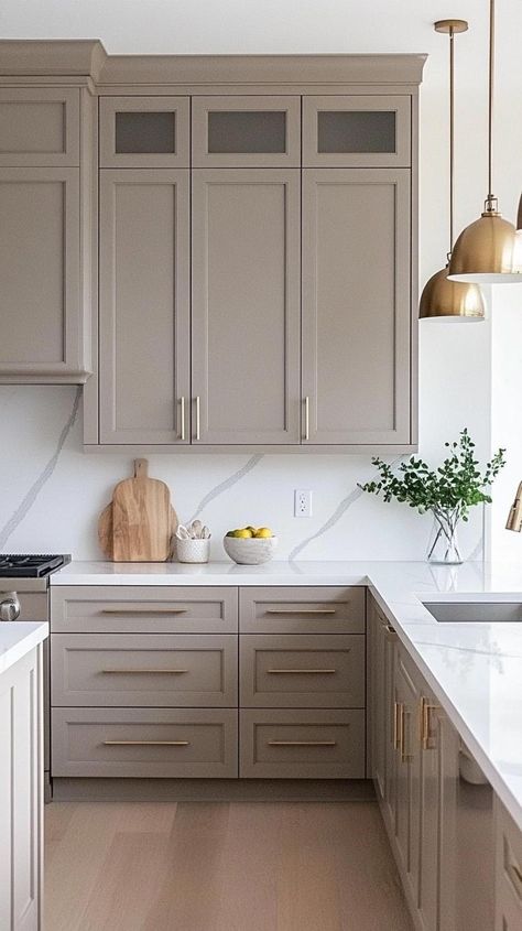 14 Best Kitchen Cabinet Colors That Hide Dirt: Top Picks for a Clean Look Kitchen Cabinet Color Ideas Light Floors, Kitchen With Mushroom Cabinets, Kitchen Mushroom Cabinets, Grey Mist Cabinets, Bottom Cabinet Colors, Light Painted Cabinets Kitchen, Kitchen Cabinet Color Ideas With Grey Walls, Two Tone Greige Kitchen Cabinets, Bm Kitchen Cabinet Paint Colors