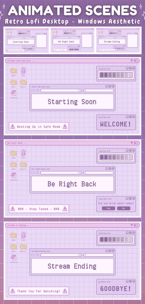 Animated Twitch Screens - Purple Retro Lofi Windows Aesthetic - Twitch Ending Screen, Twitch Gameplay Overlay, Twitch Starting Soon Screen Ideas, Retro Twitch Overlay, Twitch Scene Ideas, Y2k Twitch Overlay, Twitch Stream Overlay Ideas, Purple Twitch Overlay, Stream Overlay Ideas