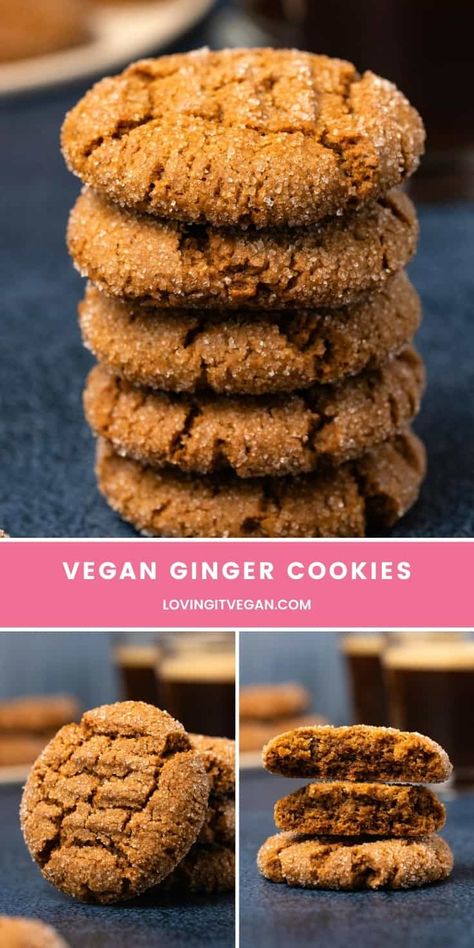 These vegan ginger cookies are super crunchy and made in a 'gingersnap' style for a perfect holiday cookie. Packed with ginger flavor. #vegan #dairyfree | lovingitvegan.com Vegan Ginger Molasses Cookies, Vegan Molasses Cookies, Easy Vegan Cookies, Gingersnap Cookies, Ginger Molasses, Best Holiday Cookies, Vegan Gingerbread, Vegan Cookie, Vegan Cookies Recipes