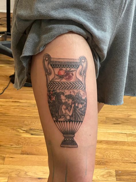 Greek Mythology Vase Tattoo, Greek Jar Tattoo, Ancient Greek Vase Tattoo, Grecian Vase Tattoo, Roman Vase Tattoo, Greek Pottery Tattoo, Hades Tattoos, Amphora Tattoo, Persephone Tattoo Ideas