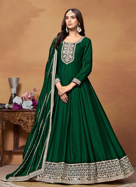 Dark Green Wedding Wear Anarkali Suit Anarkali With Salwar, Anarkali Lehenga Gowns, Latest Traditional Dresses, Party Wear Anarkali, Batik Print Dress, Green Anarkali, Silk Anarkali, Designer Anarkali Suits, Anarkali Lehenga