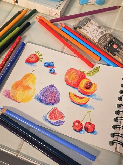 Colour Pencil Drawing Beginner, Coloured Pencil Sketchbook, Fruit Sketchbook Page, Sketchbook Ideas Color Pencil, Fruits Drawing Pencil, Fruit Pencil Drawing, Sketchbook Beginner, Colour Pencil Art Sketches, Colored Pencil Sketchbook