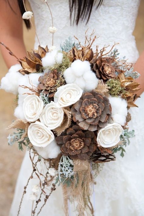 Mix in cotton and burlap for extra texture. | 21 Beautiful Non-Traditional Ways To Do Wedding Flowers Country Wedding Bouquets, Camo Wedding, Nontraditional Wedding, Bouquet Of Flowers, Wedding Planners, Country Wedding, Pine Cones, Future Wedding, Winter Wedding