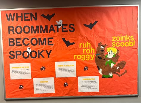 #scoobydoo #ra #bulletinboardideas #shaggy #scooby #residentassistant Scooby Doo Bulletin Board Ideas, Scooby Doo Ra Bulletin Board, Hall Themes, Residence Life Bulletin Boards, Classroom Vibes, Ra Door Decs, Ra Bulletins, Ra Boards, Ra Bulletin Boards