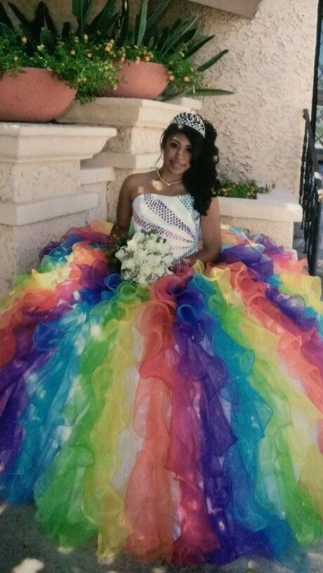 Rainbow quince dress ❤ Rainbow Quince Dress, Quinceanera Rainbow Dress, Ugly Quinceanera Dresses, Rainbow Sweet 16 Dress, Spring Party Rainbow Princess Dress, Quincenera Dresses Rainbow, Rainbow Quinceanera Dresses, Rainbow Ruffled Princess Dress For Party, Whimsical Rainbow Princess Dress For Dress-up