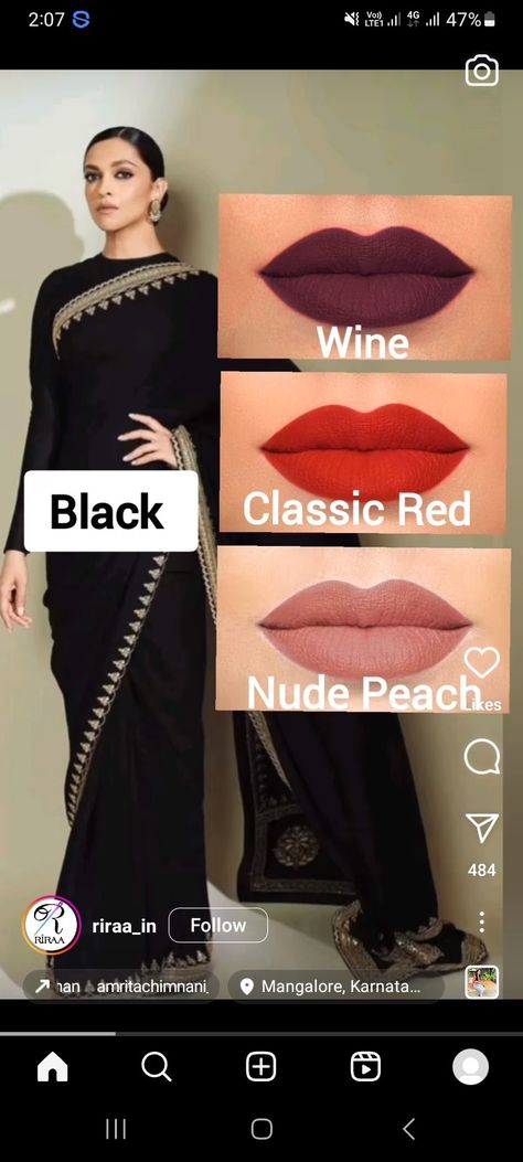 Makeup Look For Black Saree, Black Dress Indian, Lipstick Color Guide, Skin Regimen, Makeup Artist Tips, Artist Tips, Indian Photoshoot, Eyeliner Makeup, Lips Shades