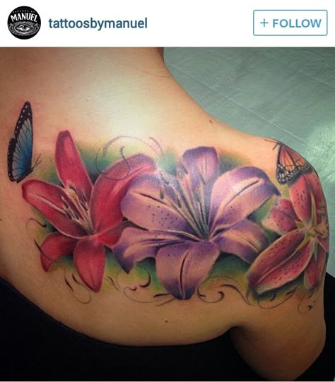 Colored flower tattoos Colored Flower Tattoos, Hawaiian Flower Tattoos, Hibiscus Flower Tattoos, Pretty Flower Tattoos, Lillies Tattoo, Lily Flower Tattoos, Band Tattoos, Tattoo Shoulder, Ribbon Tattoos