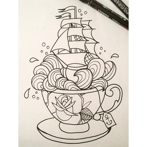 Dragon In A Teacup Tattoo, Ship In A Teacup Tattoo, Tempest In A Teacup Tattoo, Storm In A Teacup Tattoo, Colon Tattoo, Tea Tattoo, Teacup Tattoo, Nurse Cartoon, Boat Tattoo