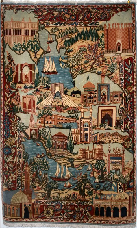 A rug woven as a map of Iran with famous buildings representing each city. £1,995 Map Of Iran, Iranian Rugs, Iranian Carpet, Iran Pictures, Antique Persian Carpet, Persian Art Painting, Carpet Texture, Shag Carpet, Ancient Persian