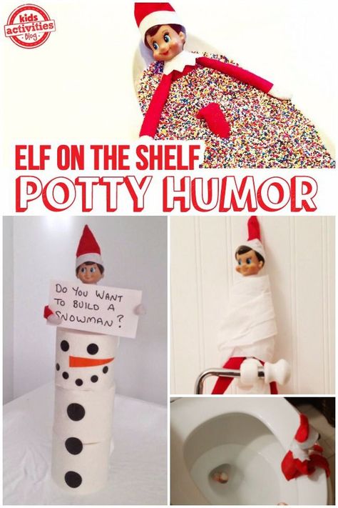 Funny Elf On The Shelf Ideas To Try If You Run Out Of Ideas This Year! Elf On The Shelf Pranks, Elf On Shelf Funny, Elf Printables, Potty Humor, Funny Elf On The Shelf, Preschool Fall, Elf Activities, Elf Movie, Build A Snowman