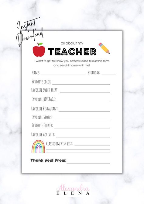 School Memory Book Printables, Teacher Rp, Mom Quiz, Future Dairy, All About My Teacher, Teacher Questionnaire, About My Teacher, Preschool First Day, Classroom Wishlist