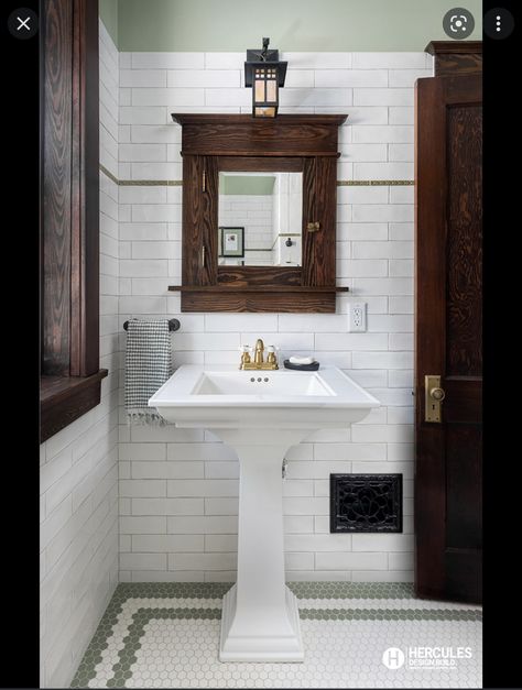 Small Historic Bathroom, Bathroom Remodel Craftsman, Craftsman Bathroom Decor, Craftsman House Bathroom Ideas, Craftsman Shower Ideas, Craftsman Bathroom Floor Tile, Vintage Craftsman Bathroom, Craftsman Home Bathroom, 1920s Bathroom Vanity