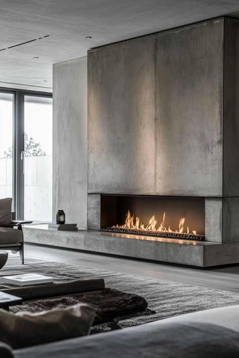 u1942658271_A_chic_modern_living_room_with_a_linear_fireplace_5ce76739-9577-408d-8759-f5497736ec0d_0 Mid Room Fireplace, Ceiling To Floor Fireplace Ideas, Concrete Bench Fireplace, Stone Tv Wall Ideas Living Room, Large Tile Fireplace, Double Sided Fireplace Living Room, Fireplace Ideas Modern Contemporary, Modern Fireplace Wall Living Room, 2 Story Fireplace Ideas