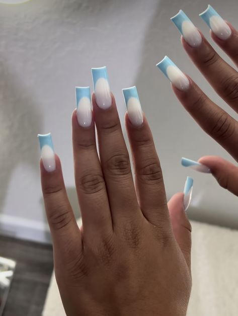 Blue Nails With White, Milky White Nails With Blue Design, Milky White And Blue Nails, Nails French Blue, Blue And White Long Nails, White And Baby Blue Nails Acrylic, White With Blue Nails, Light Blue And White Nails Acrylic Long, Blue Nails French