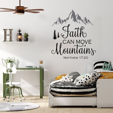 Mountain Wall Painting, Wall Painting Ideas Creative, Scripture Wall Decal, Bible Wall Decals, Mountain Decal, Bible Verse Wall Decals, Faith Can Move Mountains, Creative Wall Art, Christian Wall Decor