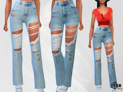 Sims 4 — Straight Leg Applique Mom Jeans by saliwa — Straight Leg Applique Mom Jeans 3 swatches Sims 4 Cc Clothes Sweaters, Sims 4 Cc Teen Girl Clothes, Sims 4 Baggy Jeans Cc, Sims 4 Cc Jeans Patreon, The Sims 4 Jeans, Teenager Style, Ripped Baggy Jeans, Sims 4 Piercings, Sims Inspiration