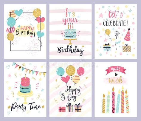 Birthday party cards. happy birthday pastel celebration postcards, invitation with candle, golden baloons and confetti. Illustration about glow, flyer, little, gift - 171577191 Happy Birthday Logo, Happy Birthday Tag, Cards Happy Birthday, Birthday Logo, 21st Birthday Cards, Holiday Templates, Postcard Invitation, Greeting Card Template, Happy B Day