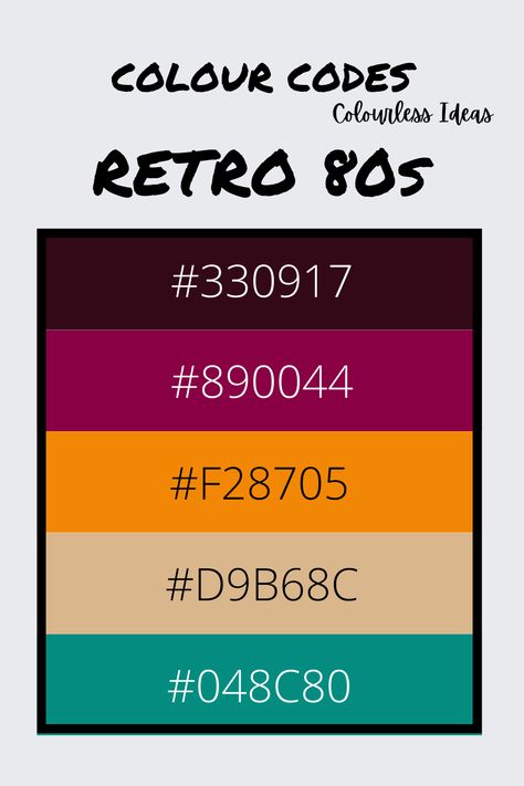 Follow for more colour palettes 80s Color Palette Retro Vintage, 80s Color Palette Retro, 80s Colour Palette, 80s Color Palette, Retro Colour Palette, Vintage Colour Palette, Retro Color Palette, Hex Color Palette, Palette Art