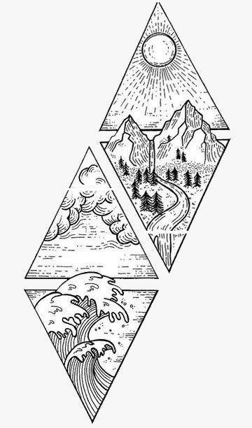 Os Illustration Tattoo, 4 Elements Drawing, Nature Line Drawing, Geometric Shape Tattoo, Element Tattoo, Mountains And Trees, 달력 디자인, Elements Tattoo, Shape Tattoo