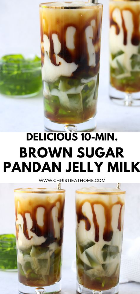 Brown Sugar Pandan Jelly Milk. A delicious cold ice beverage with your choice of milk, brown sugar syrup, and pandan jelly cubes. Easy to make at home and fantastic for dessert. This drink does not contain caffeine and is perfect for a sweet treat. Ready in 10-minutes! It can be made vegan if you used plant based milk. #drink #drinks #vegan #plantbased #beverage #pandan #milktea #milk #brownsugar #grassjelly #jellymilk #jelli #dessert #vegandessert #delicious #food #recipe #asianfood #asian Pandan Milk Tea, Pandan Jelly Dessert, Pandan Drink Recipe, Milk Based Drinks, Pandan Drink, Filipino Drinks, Pandan Jelly, Filipino Sweets, Coconut Milk Drink