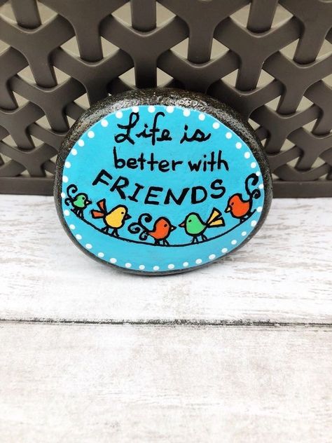 Life Is Better With Friends, Camp Ground, Inspirational Rocks, Sky Blue Background, Unique Magnets, Happy Rock, Garden Rock Art, Friend Painting, Painted Rocks Craft