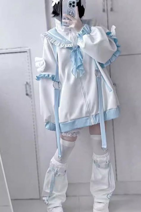 Process Time: Could be shipped out in 1-3 working days. Fabric: Polyester Color: White/Blue Sleeve Length: Long Sleeves Feature: Print Style: Jirai Kei, Handsome Include: Coat*1 (Any of the accessory is not included.) Size (IN) Bust Length One Size 55.12 29.53 Size (CM) Bust Length One Size 140 75 Uchuu Kei Fashion, Tenshi Kaiwai Fashion, K Angel, J Fashion Harajuku, Kawaii Outfit Ideas, Y2k Pattern, Jirai Kei, Black Cami Top, Clothing Design Sketches