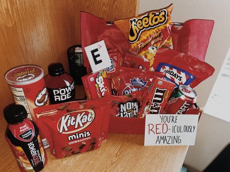 Red Party Basket Ideas, Red Color Baskets Gift Ideas, Red Snack Basket Ideas, Red Themed Snack Basket, Color Party Red Snacks, Red Color Theme Party Basket, Color Coded Snack Basket, Red Themed Gift Basket For Him, Red Birthday Gifts