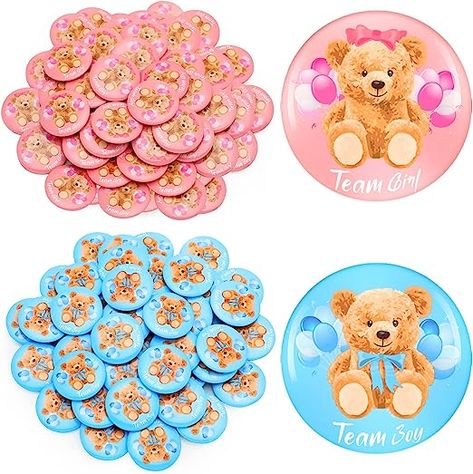 Pink Blue Gender Reveal, Team Boy Or Team Girl, Teddy Bear Gender Reveal, Baby Shower Badge, Bear Gender Reveal, Baby Shower Teddy Bear, Blue Gender Reveal, Gender Reveal Party Favors, Reveal Party Games