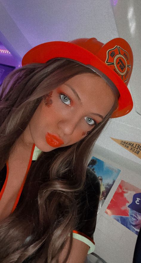 Firefighter makeup, firefighter accesories, trendy costumes, halloween costumes for girls Firefighter Makeup Halloween, Firefighter Makeup, Trendy Costumes, Firefighter Costume Women, Fireman Costume, Halloween Costum, Firefighter Costume, Senior Pranks, Halloween Group