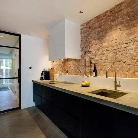 Exposed Brick Kitchen, Brick Wall Kitchen, Modern Industrial Kitchen, Brick Feature Wall, Brick Backsplash Kitchen, Industrial Kitchen Design, Brick Kitchen, A Brick Wall, Kitchen Company