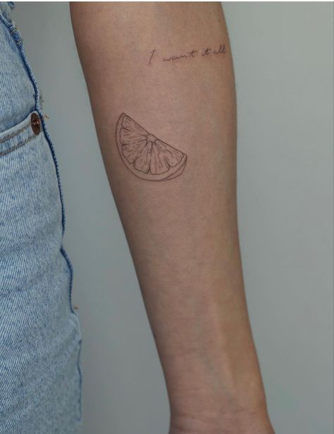 Fine Line Citrus Tattoo, Tangerine Slice Tattoo, Grapefruit Slice Tattoo, Fine Line Fig Tattoo, Orange Poem Tattoo, Tattoo Of Orange, Orange Wedge Tattoo, Citrus Slice Tattoo, Orange Peel Tattoo