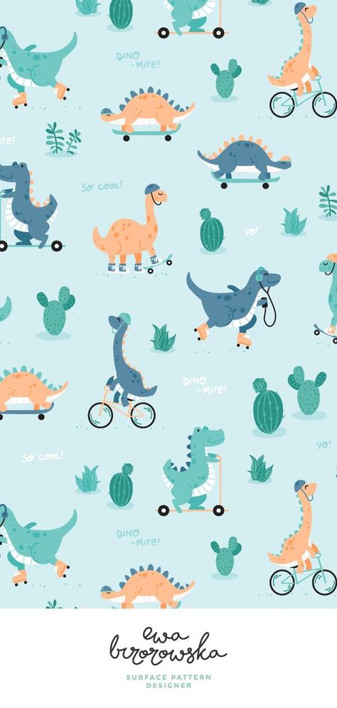 Dino-mite - cute textile pattern design with dinosaurs.  Textile design, children illustration, dino, dinosaur, skate, kids pattern, pattern design, dino skate, textile pattern design for kids. Dinosaur Wallpaper Laptop, Triceratops Wallpaper, Dinosaur Wallpaper Aesthetic, Kid Wallpaper, Wallpaper Design Pattern, Dinosaur Wallpaper, Dinosaur Illustration, Nursery Patterns, Baby Wallpaper