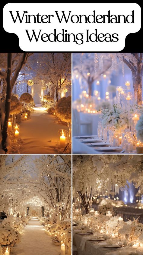 Elegant winter wonderland wedding setup with white flowers and candlelit decor. Snow Winter Wedding, Silver And Gold Winter Wedding, Winter Wedding Backdrop Ideas, Winterwonder Land Wedding, Winter Wonderland Gala, Winter Wonderland Wedding Ideas, Winter Wonderland Wedding Reception, Winter Theme Wedding, Winter Wonderland Wedding Decorations