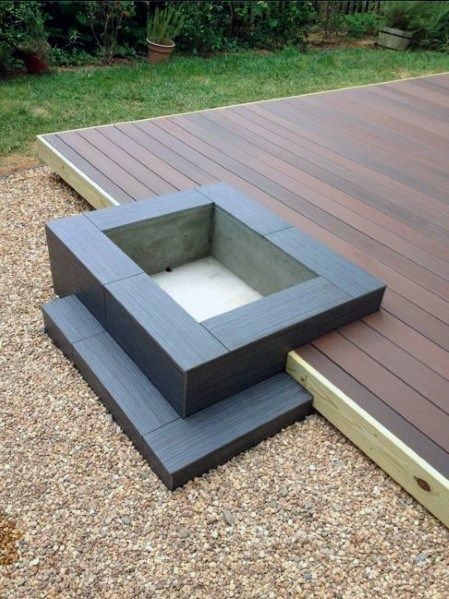 Modern Wood Deck Fire Pit Design Idea Inspiration Diy Fire Pit Ideas, Fire Pit Plans, Deck Fire Pit, Wooden Deck, Cool Deck, Fire Pit Designs, Ground Level, Diy Fire Pit, Decks Backyard