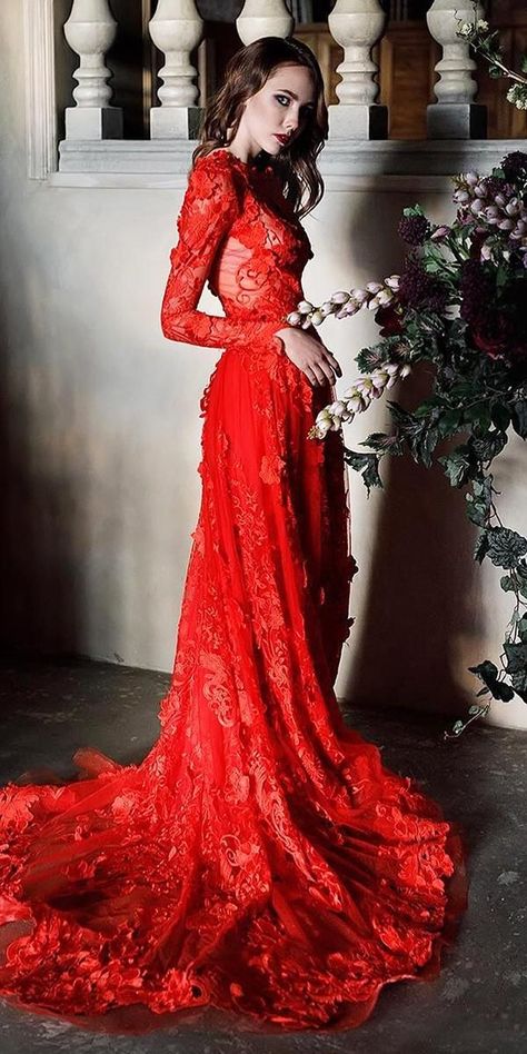 12 Amazing Blood Red Wedding Dresses ❤  blood red wedding dresses a line with long sleeves floral lace svetaboynovich ❤ #weddingdresses Red Wedding Gowns, Prom Dress Red, Wedding Dresses A Line, Red Wedding Dress, Mermaid Prom Dresses Lace, Stunning Bridesmaid Dresses, Gothic Wedding Dress, Wedding Dress Guide, Red Wedding Dresses