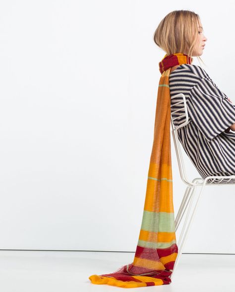 Image 2 of COLOURFUL STRIPED PRINT SCARF from Zara Scarf Photoshoot, Scarf Fashion Photography, Scarf Photography, Scarf Display, Creative Fashion Photography, Fabric Photography, Scarf Outfit, Product Shoot, Scarf Women Fashion